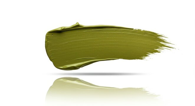 An artistic abstract olive green brushstroke floating on a pure white surface, featuring a smooth, glossy reflection beneath the heavy paint texture ,visual, olive green, movement