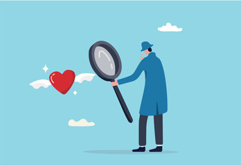 Find your passion, discover, search for happy career, job or purpose, motivation or inspiration to success, happiness or opportunity concept, detective look magnifying glass with heart shape passion.