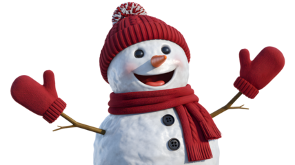 Cheerful snowman wearing a red knitted hat and scarf with red mittens arms outstretched isolated on transparent background