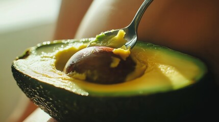 Slicing an avocado to reveal the creamy texture and smooth flesh during a bright afternoon