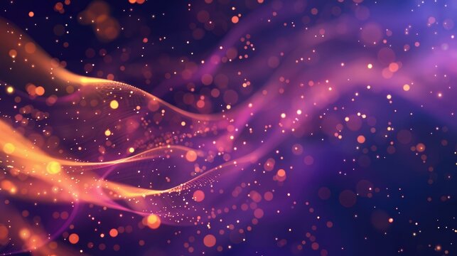 Abstract colorful background with flowing waves and glowing particles. Shades of purple, orange, and blue create a vibrant atmosphere. horizontal banner, copy space, free space for text - Powered by Adobe