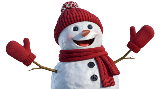 Cheerful snowman wearing a red knitted hat and scarf with red mittens arms outstretched isolated on transparent background