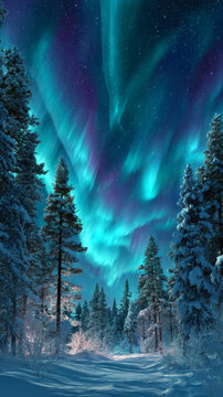 Aurora borealis above snowy pine forest, vivid colors and symmetry. Mobile phone wallpaper concept.