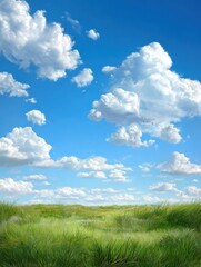 Summer blue sky, white clouds, and green grass, open natural scenery background