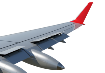Modern passenger aircraft wing detail with transparent floor, isolated red winglets, and open spoilers/flaps. Aviation technology.