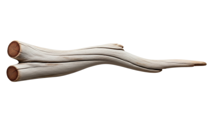 A long, curved piece of worn wood, isolated on a transparent surface, smooth, gray in color, with dark brown ends. A minimalist natural object.