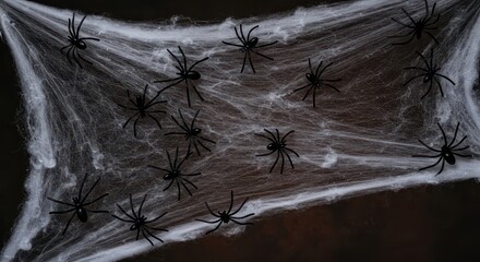 Scary artificial white cobwebs stretched across a dark, murky background with multiple plastic black spiders creating a creepy effect for Halloween display ,seasonal ,weave ,detail