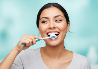 Happy latina woman brushing teeth in morning routine oral care and hygiene concept soft turquoise background portrait