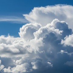 Vivid artistic rendering of a vast, expansive blue sky dominated by heavy, voluminous white and gray atmospheric clouds ,artwork, canvas, ethereal