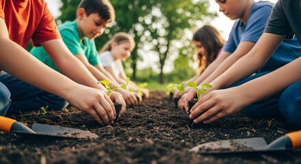 Young Hands Nurturing Growth Planting Seedlings for a Greener Tomorrow Together