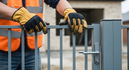 Construction Worker's Hands on Gate, Protective Gear, Focus on Detail and Security