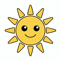 Cute cartoon sun with a happy smiling face and bright yellow rays on a white background
