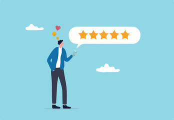 Customer feedback from mobile application, rating or user experience, scoring and satisfaction, product quality and online survey concept, satisfied man holding mobile giving 5 stars rating feedback.