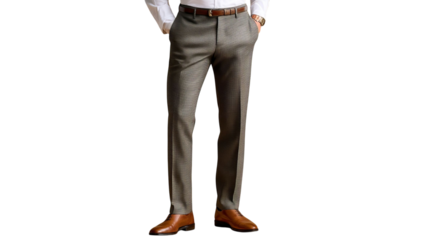 PNG of Stylish male model showcasing tailored grey dress pants and brown leather shoes, exuding sophistication.