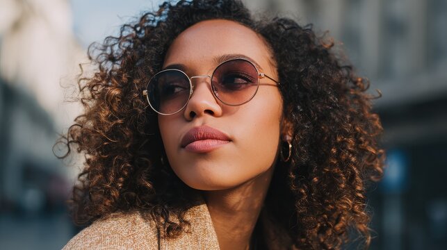 Young mixed race African American woman wearing stylish sunglasses standing on city street looking away, portrait. Gen z Afro American ethnic lady in trendy glasses closeup face headshot., no logos, 