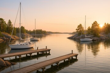 Fototapeta premium Serene Nordic harbor with moored boats beside pine covered islets at golden hour