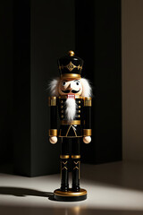 Luxury black and gold nutcracker figurine in a dark minimalist room. Elegant sophisticated Christmas soldier statue with golden accents and fur details.