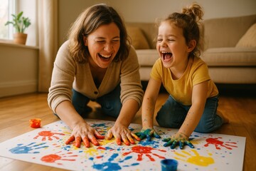 Fototapeta premium Playful parent and child painting with bright handprints in a sunlit creative room