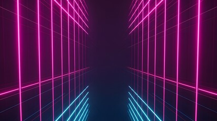 Abstract neon grid tunnel perspective with vibrant pink and blue glowing lines creating a futuristic digital cyberspace