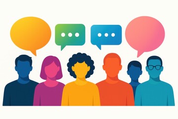 Speech bubbles over diverse silhouettes brainstorming fresh ideas and teamwork