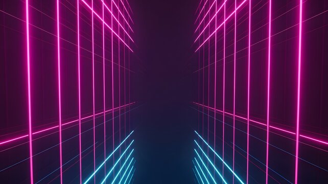 Abstract neon grid tunnel perspective with vibrant pink and blue glowing lines creating a futuristic digital cyberspace