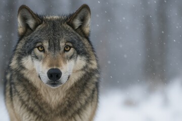 Obraz premium Intense gray wolf head and shoulders in snowy forest with ample negative space