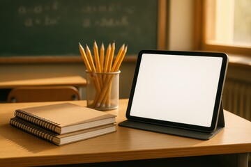 Modern classroom desk with tablet notebooks and pencils near chalkboard in soft daylight