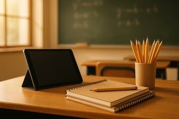 Modern classroom desk with tablet notebooks and pencils near chalkboard in soft daylight