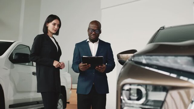 A woman discusses car options with a man, showing the buying process and customer service in a modern showroom. Concept assisting in car selection.