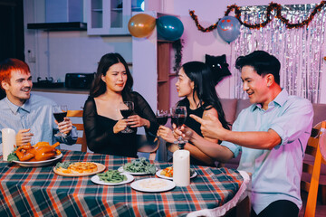 Diversity, dinner and group of people toast celebration together at party. Friends, happy and celebrate with food, wine and friendship for love, support and cheers champagne at business function