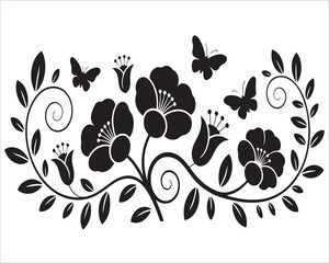 Elegant floral design with blooming flowers and flying butterflies in black and white vector illustration, decorative nature artwork perfect for patterns, tattoos, wall art, and invitations