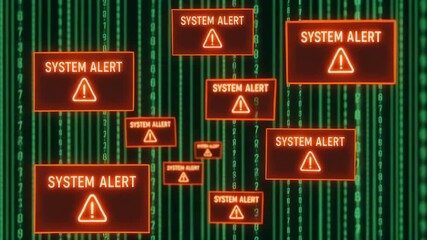 Abstract digital display of system alerts on a binary background, symbolizing technology issues and data security.