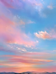 Obraz premium Serene pastel sunset hues painting a tranquil sky with soft, blurred layers of color.