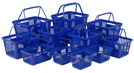 Collection of various sized blue plastic shopping baskets arranged in a scattered group on a black background