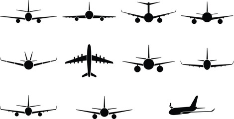 Airplane silhouette icon set, front view aircraft, jet plane vector, aviation graphic, black airplane shapes, flight illustration, flat vector illustration