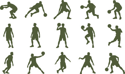 Basketball player silhouette set, dribbling, shooting, passing, action poses, sports movement, athlete icon collection, flat vector illustration