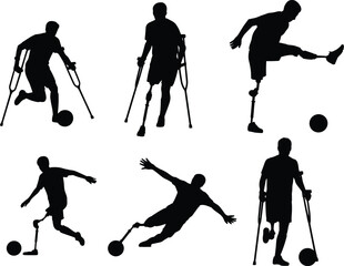 Disabled soccer players, adaptive football athletes, prosthetic leg sport icons, crutch soccer silhouettes, inclusive team game action, flat vector illustration