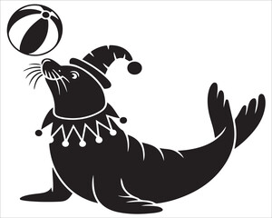 Playful marine animal illustration of seal balancing ball, entertainment art