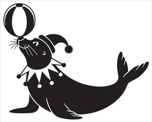 Playful circus seal balancing ball on nose in black and white vector illustration, performing marine animal cartoon design for entertainment, kids art, and fun show mascot concepts