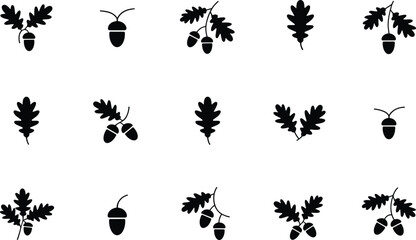 Oak leaf and acorn icons, botanical silhouette set, nature elements vector, forest plant graphic, black design, flat vector illustration