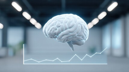 A digital brain symbolizing intelligence with a rising graph in a modern setting.