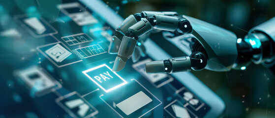Futuristic robot hand pressing the pay button on a touchscreen device. Concept of artificial intelligence, automation, fintech, and digital payment technology in modern business.