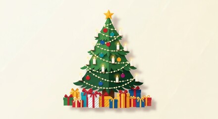 A decorated Christmas tree with gifts underneath, a symbol of the holiday season.