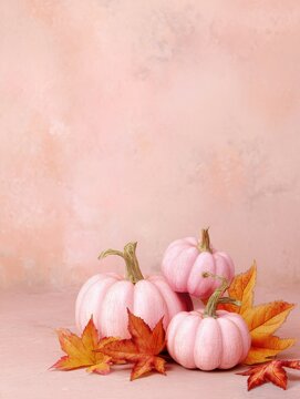 pink pastel pumpkins with fall leaves on soft colored ground with space for text, soft pink fall background