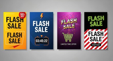 Four diverse flash sale advertisements feature countdown timers and shopping cart icons.