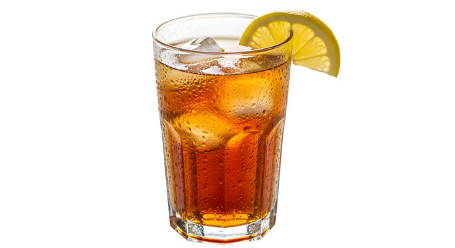 Refreshing tall glass of iced tea with ice cubes and a lemon slice garnish on a black background