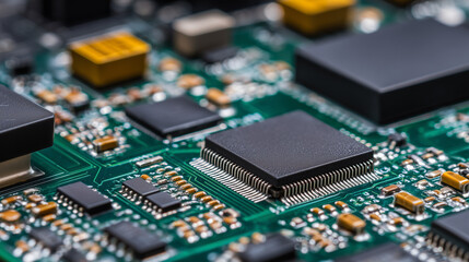 Close-up view of a complex circuit board showing various electronic components and connections in a detailed arrangement Generative AI