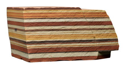 Cross section of layered sedimentary rock showing distinct strata of varying colors and textures representing geological time