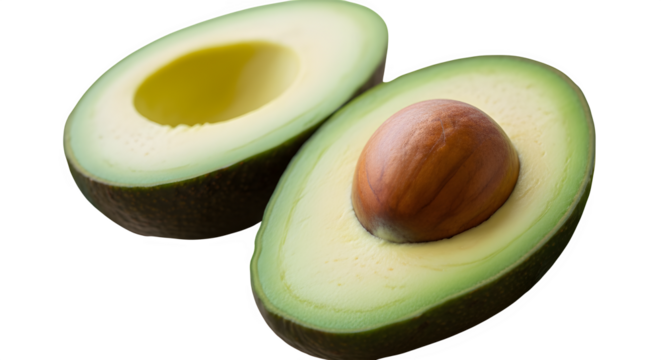 Fresh ripe avocado halves with large seed displayed against a dark black background