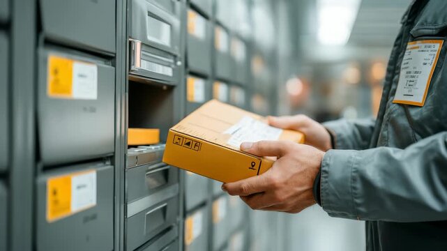 Close up of hands collecting a package from a secure self service parcel locker, emphasizing convenience and fast shipping. The environment suggests innovation in urban delivery solutions